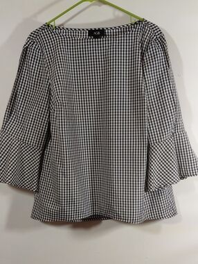 AGB Black and White Gingham Bell Sleeve Blouse